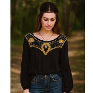 Free People Black Embroidered Begonia 3/4 Sleeve Tee Top FLowy Boho Peasant